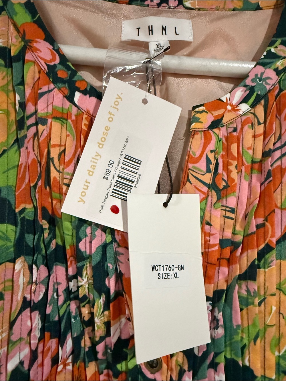 NWT THML Floral Ruffle dress in Green Pink Peach - Picture 4 of 16